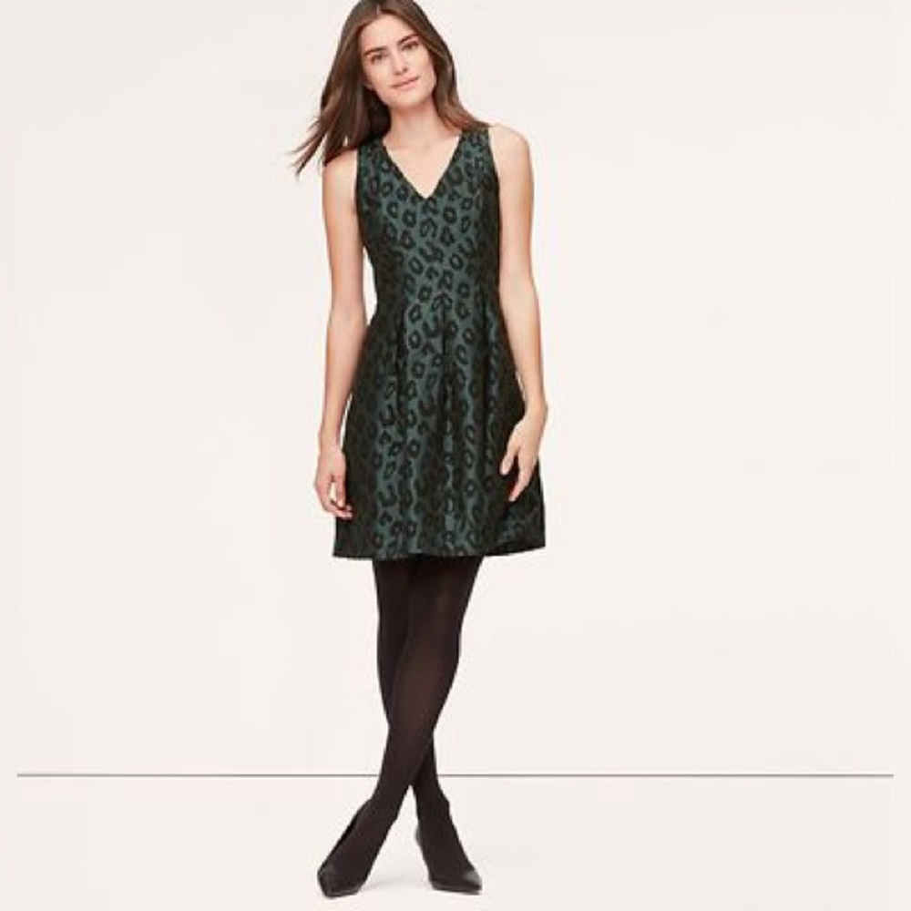 💚EUC LOFT Leopard Jacquard Flare Dress Size 4 Black/Green